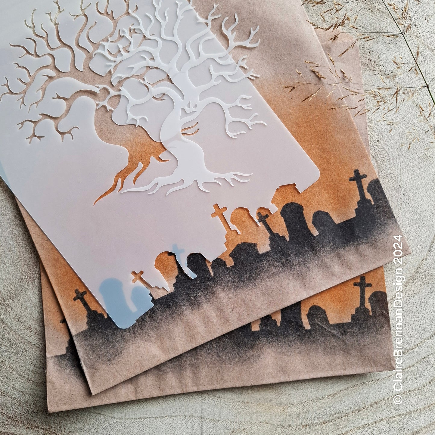 Spooky Tree graveyard stencil